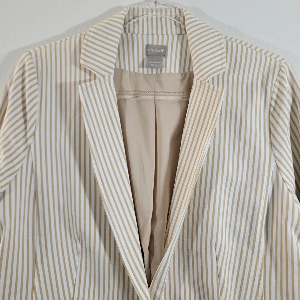CHICO'S coastal tan striped cotton blend tab-sleeve single-button lined blazer